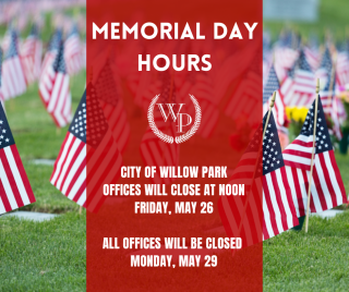 Photo of flags with the city logo and the text "Memorial Day hours"