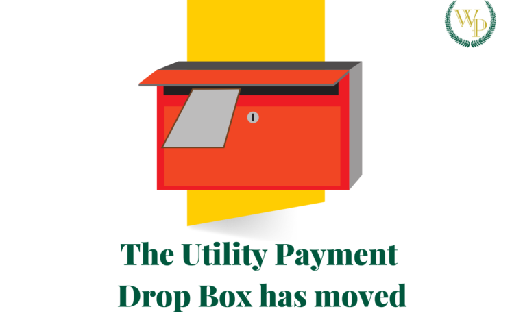Image with photo of a locked boy that says "The Utility Payment Drop Box has moved"