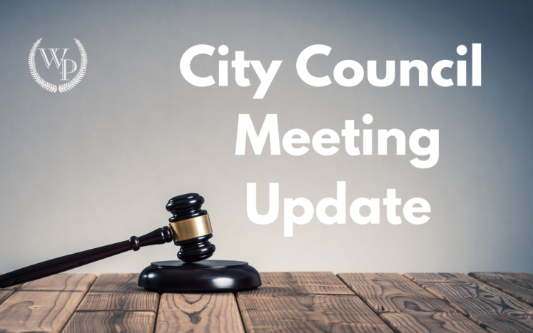 graphic with gavel that says "city council meeting update"