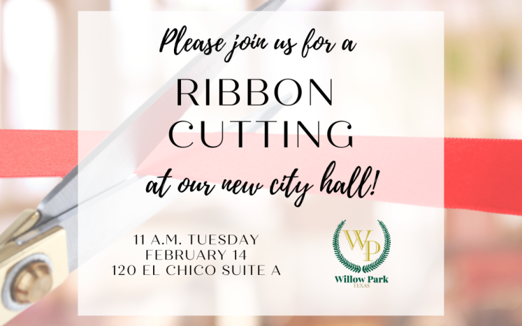 graphic showing a ribbon being cut by scissors with the words "please join us for a ribbon cutting"