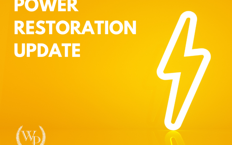 Lightning bolt graphic with the text "power restoration update"