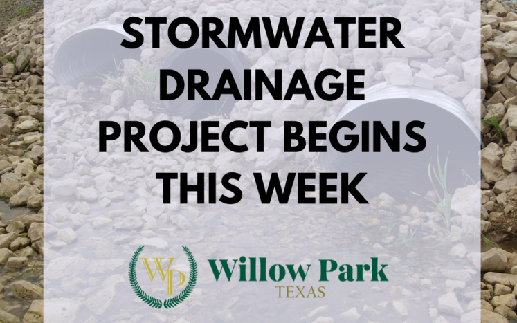 Graphic with photo of drainage culverts with text that reads "stormwater drainage project begins this week"